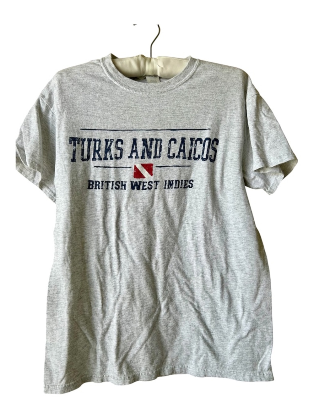 Turks and Caicos T-shirt Gray Red White Flag Logo Souvenir Gildan Medium